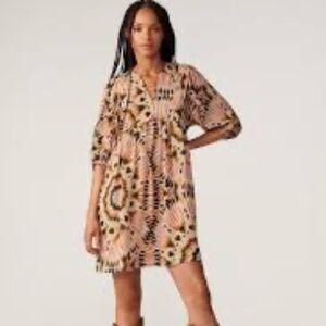 BA&SH Cleo Mini Dress In Ikat Print Size S  *AS IS* Boho Waffle Tie Dye Peasant